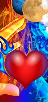 Vibrant wallpaper of a fiery heart with elemental hands and celestial symbols.