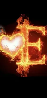 Fiery heart and letter E glowing in flames on a black background.