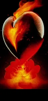 Fiery heart rising above a glowing red rose.