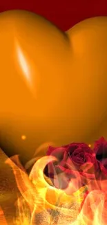 Golden heart with red roses and flames wallpaper.