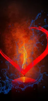 Fiery heart with water splashes on mobile wallpaper.