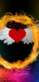 Vibrant wallpaper with heart, wings, and flames.