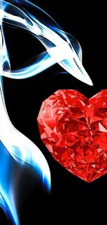 Heart-shaped red crystal with flowing blue smoke on black background.