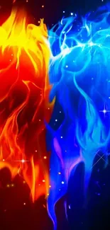 Heart formed by fiery red and icy blue flames on a dark background.