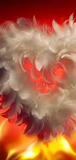 White feather heart surrounded by vibrant flames on a red background.