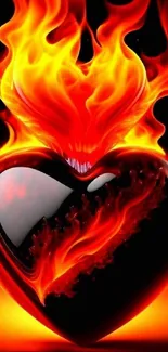 Fiery heart with flames in vibrant orange and red hues, creating a dynamic mobile wallpaper.