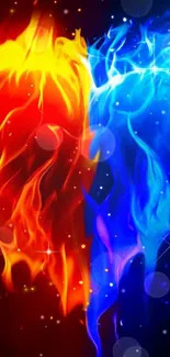 Fiery heart with contrasting flames in vibrant red and blue colors.