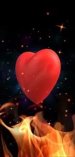 A red heart with flames and galaxy stars on a mobile wallpaper.