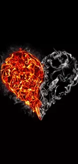 Fiery half heart with smoke on black background for mobile wallpaper.