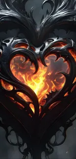Fiery heart with dark intricate design background.