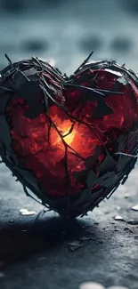 A fiery heart with cracks set against a dark background.