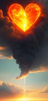 Heart-shaped cloud glowing like fire against a sunset sky.