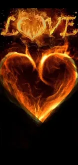 Fiery heart with glowing love text