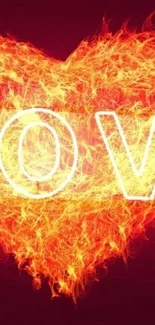 Fiery heart wallpaper with glowing love text.