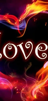 Fiery mobile wallpaper with heart and love text.