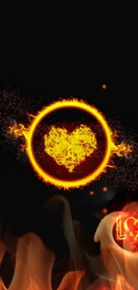 Fiery heart and love text on black wallpaper.