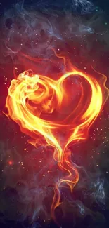 Vibrant fire heart with colorful smoke design.