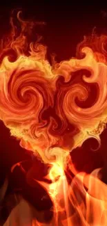 Fiery heart with swirling flames on a mobile wallpaper.