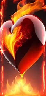 Fiery heart wallpaper with flames on dark background.