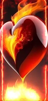 Fiery heart engulfed in flames, set against a dark background.