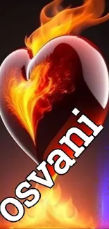 Mobile wallpaper with a fiery heart engulfed in flames.