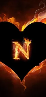 Fiery heart wallpaper with letter N engulfed in flames on a dark background.