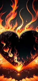 Fiery heart engulfed in vibrant orange flames on a dark background.