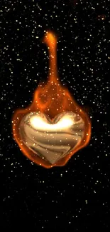 A glowing heart surrounded by flames on a black background.