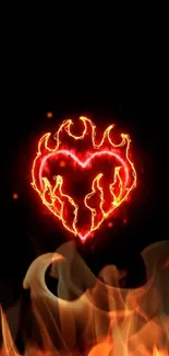 Mobile wallpaper with fiery heart design on black background.