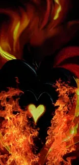 Fiery heart with flames and glowing colors in a dramatic wallpaper design.