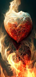 Mobile wallpaper of a fiery heart with flames and glowing details.