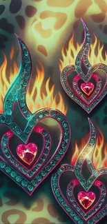 Fiery hearts with gemstones against leopard background.