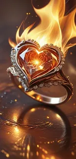 Heart-shaped ring with flames, artistic design