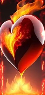 A fiery heart with glowing flames on a dark background.