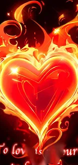 Fiery heart with flames and romantic quote.