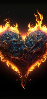 Heart with blue metal wrapped in vibrant orange flames.