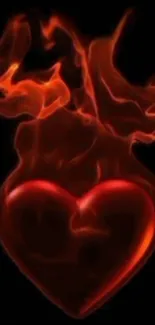 Mobile wallpaper of a heart engulfed in fiery flames on a black background.