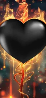 Black heart with glowing fiery flames on a decorative background.