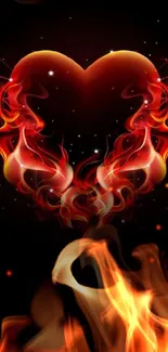 Fiery heart with red flames on black background wallpaper.