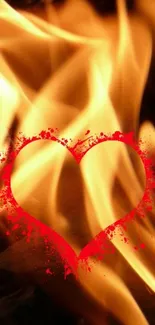 Mobile wallpaper with heart shape amid bright orange flames.