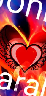 Fiery heart with wings on vibrant background.