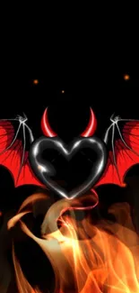 Fiery heart with devilish wings on black background.