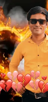 Man with sunglasses standing in front of fiery heart with broken hearts.