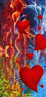 Fiery fantasy wallpaper with red hearts on a vibrant colored background.