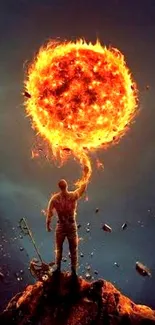 Anime character holding a fiery orb on a mountain peak.