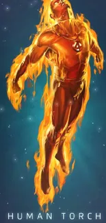 Fiery superhero soaring upwards with flames in vibrant digital art style.