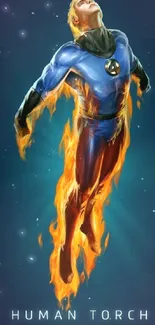 A fiery superhero rises, engulfed in flames, set against a dark blue background.