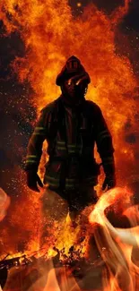 Firefighter standing boldly in intense flames.