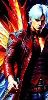 Fiery hero character with red jacket and vibrant background