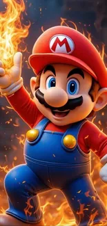 Animated character surrounded by fiery effects in a heroic pose.